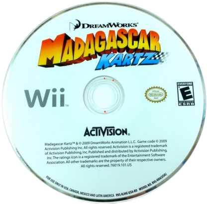 Madagascar Kartz for Nintendo Wii disc art in a family‑friendly arcade racing game.