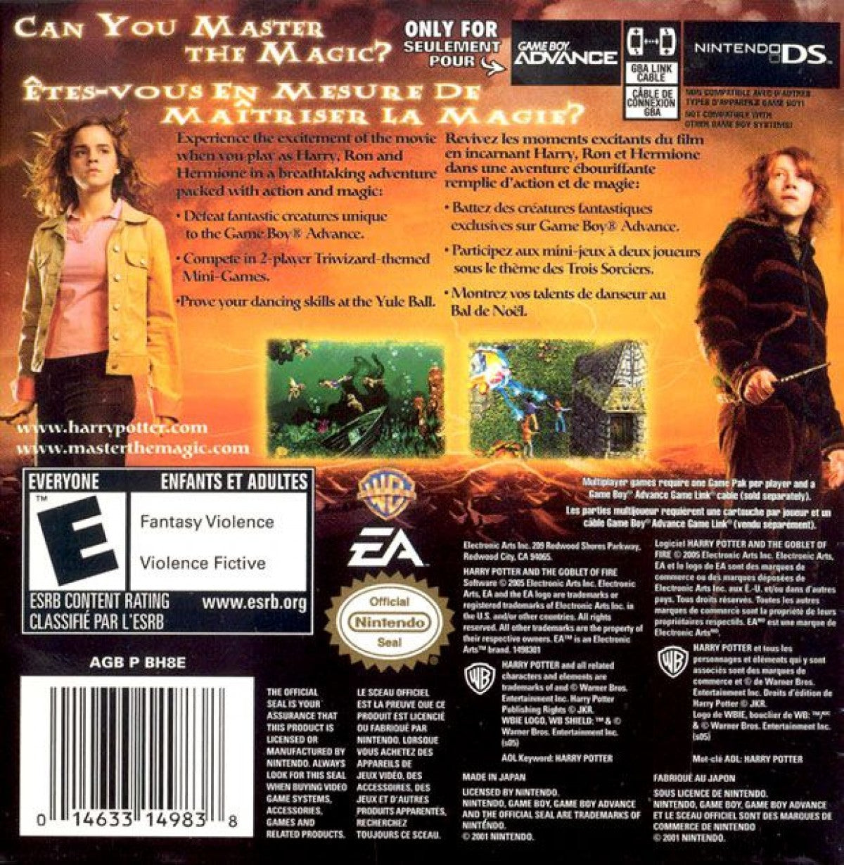 Harry Potter and the Goblet of Fire for Game Boy Advance, back of case for an action-adventure video game with spell-based combat, cooperative gameplay, mission-based progression, and wizarding world storyline