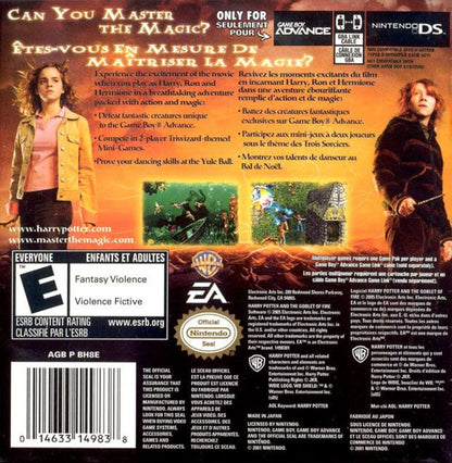 Harry Potter and the Goblet of Fire for Game Boy Advance, back of case for an action-adventure video game with spell-based combat, cooperative gameplay, mission-based progression, and wizarding world storyline