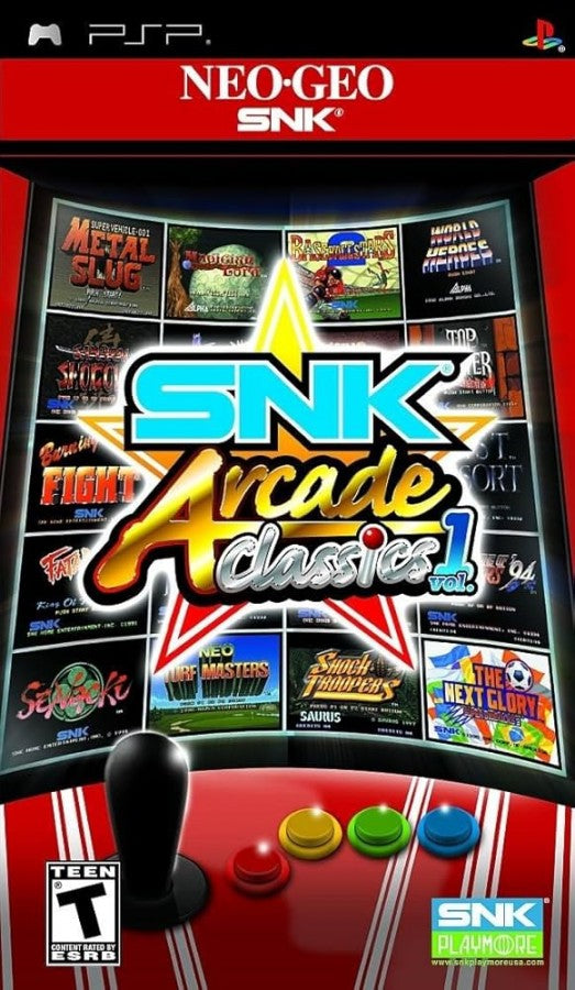 SNK Arcade Classics Volume 1 PlayStation Portable PSP inspired design featuring classic arcade game compilation aesthetic iconic SNK fighting and action titles including retro arcade gameplay collection Metal Slug King of Fighters Samurai Shodown Fatal Fury puzzle and shooter classics portable handheld gaming anthology presentation front cover 