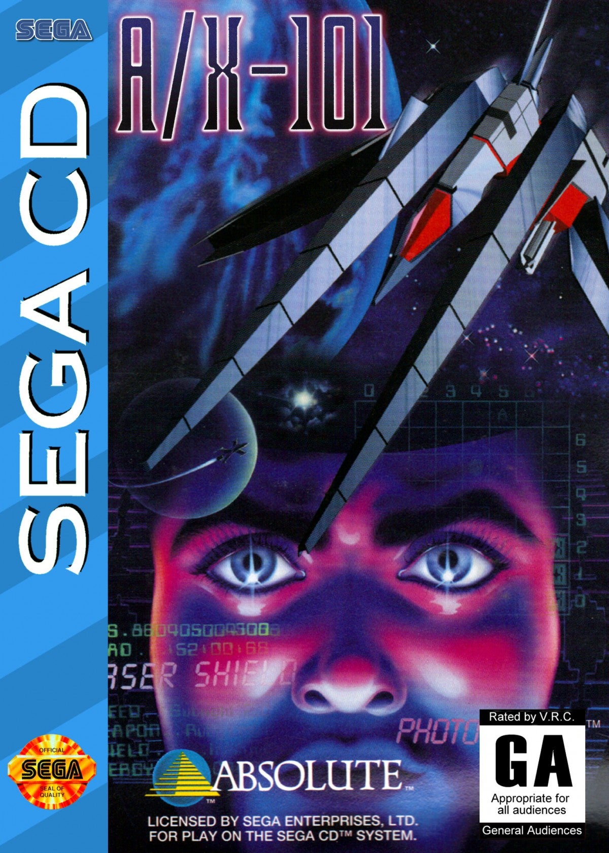 A/X-101 Sega CD full motion video FMV rail shooter sci fi space combat laserdisc style gameplay animated cinematic action spaceship battles futuristic arcade shooting retro gaming Sega CD software video game title cover art