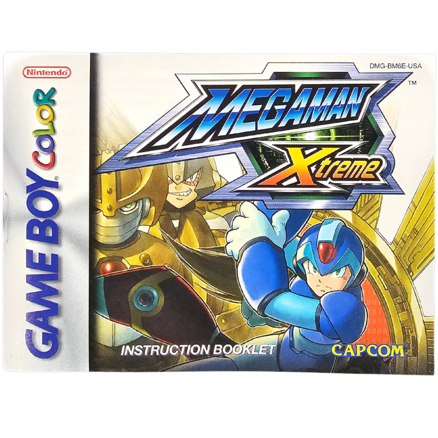 Mega Man Xtreme Game Boy Color GBC video game Missing Ad and Precaution Booklet featuring Mega Man action platforming gameplay side scrolling adventure robot battles enemy encounters weapon upgrades boss fights and classic handheld Capcom gameplay retro video game collection collectible gaming appeal game manual