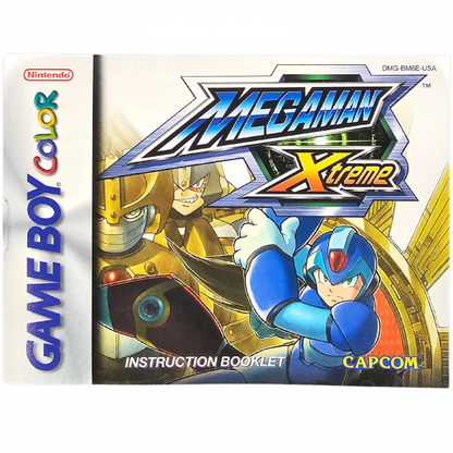Mega Man Xtreme Game Boy Color GBC video game Missing Ad and Precaution Booklet featuring Mega Man action platforming gameplay side scrolling adventure robot battles enemy encounters weapon upgrades boss fights and classic handheld Capcom gameplay retro video game collection collectible gaming appeal game manual