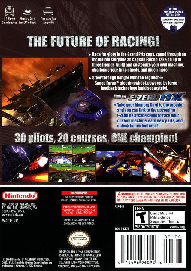 F-Zero GX Player’s Choice GameCube game featuring high-speed futuristic racing, challenging tracks, and intense competitive back cover art