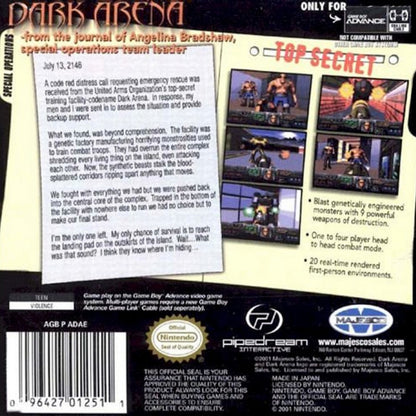 Dark Arena Game Boy Advance GBA video game featuring first person shooter gameplay futuristic arena combat weapon battles enemy encounters action packed missions sci fi environments and classic handheld gaming retro video game collection collectible gaming appeal back cover art 