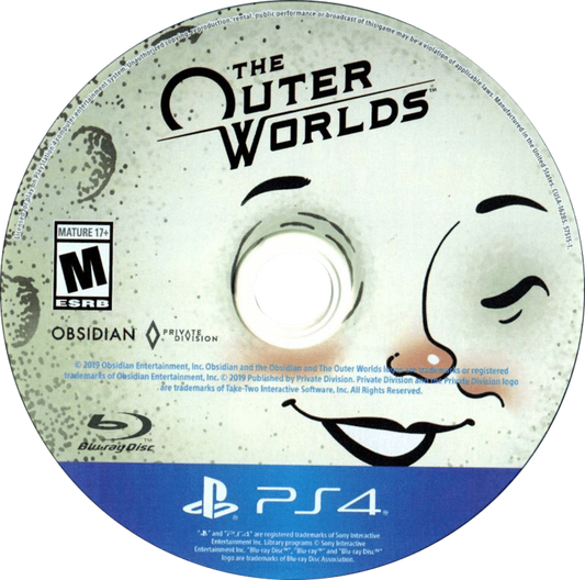 The Outer Worlds – PlayStation 4 (PS4) video game disc, sci-fi role-playing RPG.