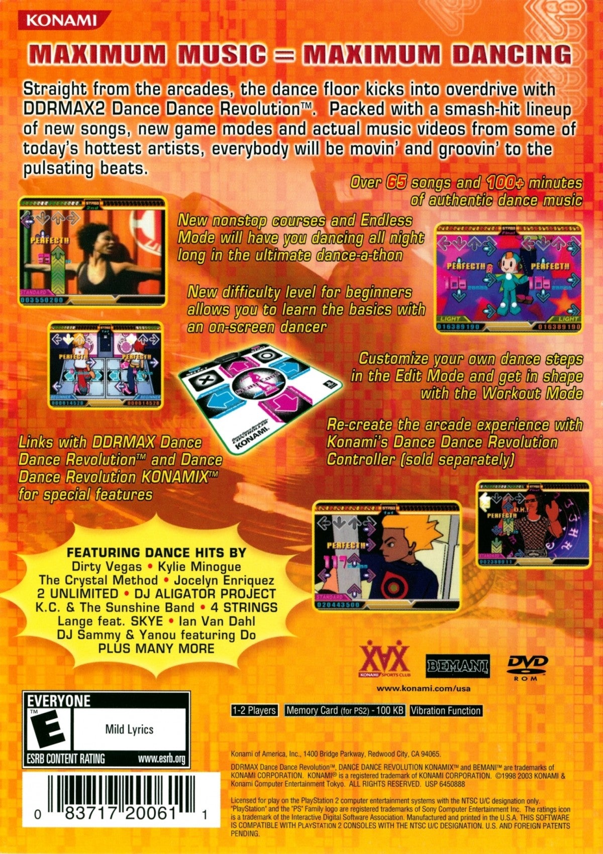 DDRMAX2 Dance Dance Revolution for PlayStation 2 rhythm music game featuring dance pad gameplay multiple songs multiplayer mode and choreographed dance routines back cover