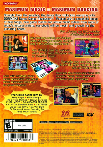DDRMAX2 Dance Dance Revolution for PlayStation 2 rhythm music game featuring dance pad gameplay multiple songs multiplayer mode and choreographed dance routines back cover