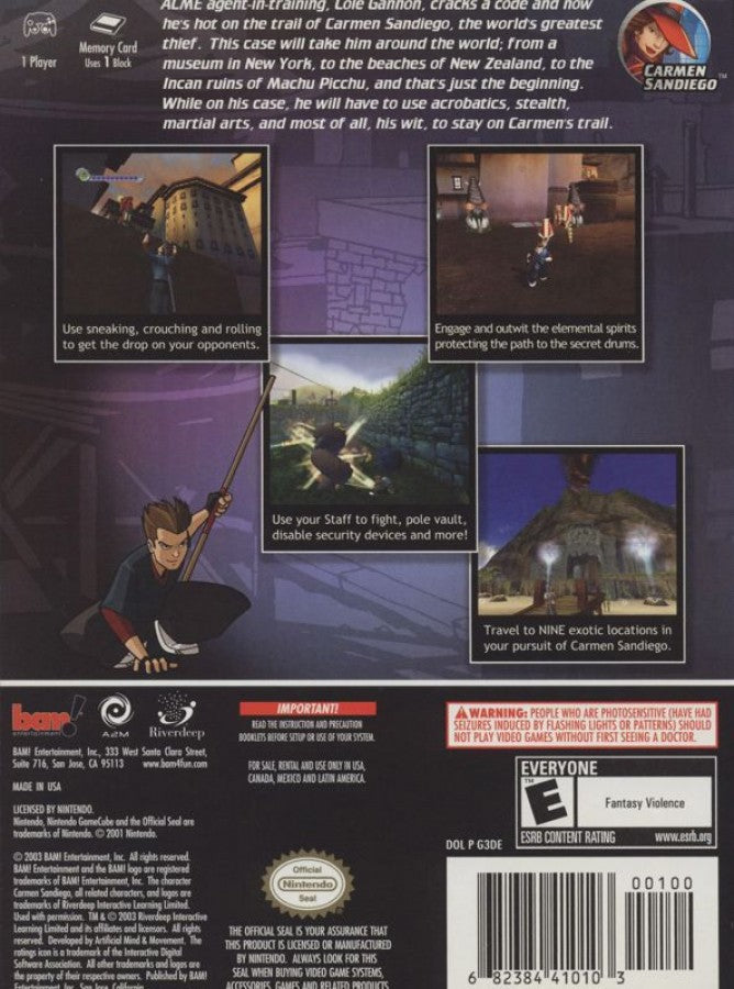Carmen Sandiego: The Secret of the Stolen Drums back of case for GameCube (GC) educational adventure video game