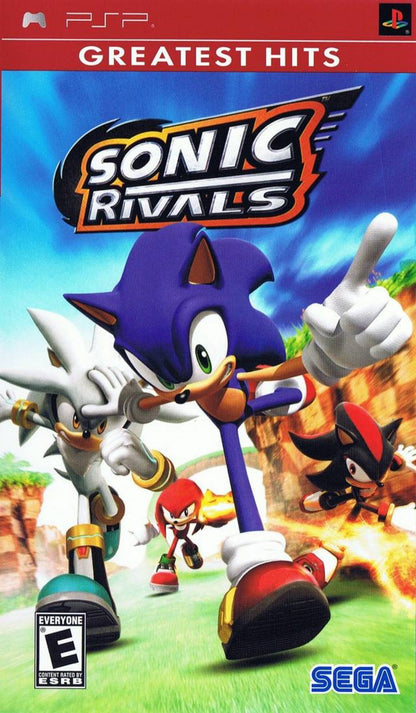 Retro Sonic Rivals Greatest Hits PSP inspired design featuring fast paced platform racing gameplay aesthetic vintage PlayStation Portable Sonic the Hedgehog rivalry battles colorful side scrolling action speed focused handheld gaming nostalgia Sega arcade style presentation front cover