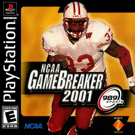 NCAA GameBreaker 2001 game for the PlayStation featuring college football gameplay with licensed teams season modes play calling mechanics and fast paced arcade style presentation with multiplayer competition front cover