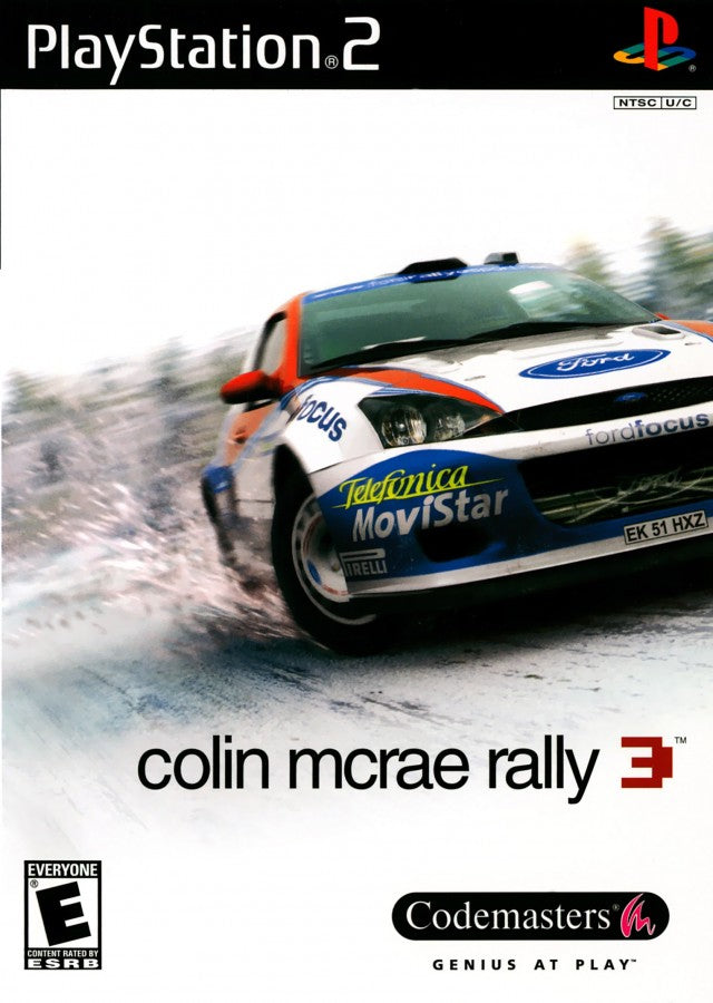 Retro Colin McRae Rally 3 PS2 inspired design featuring realistic rally racing aesthetic vintage PlayStation 2 off road motorsport simulation dirt gravel and snow stages high speed precision driving WRC inspired cars immersive weather conditions nostalgic racing game presentation - cover art