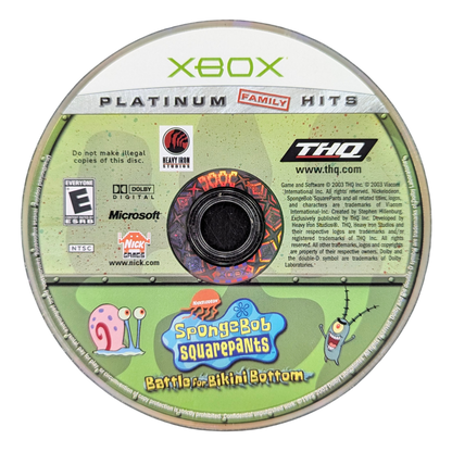 SpongeBob SquarePants Battle for Bikini Bottom Platinum Hits Xbox XBOX platform adventure game featuring SpongeBob Patrick Sandy underwater exploration jellyfish fields enemy battles collectible items and classic Nickelodeon gaming retro video game collection collectible gaming appeal disc