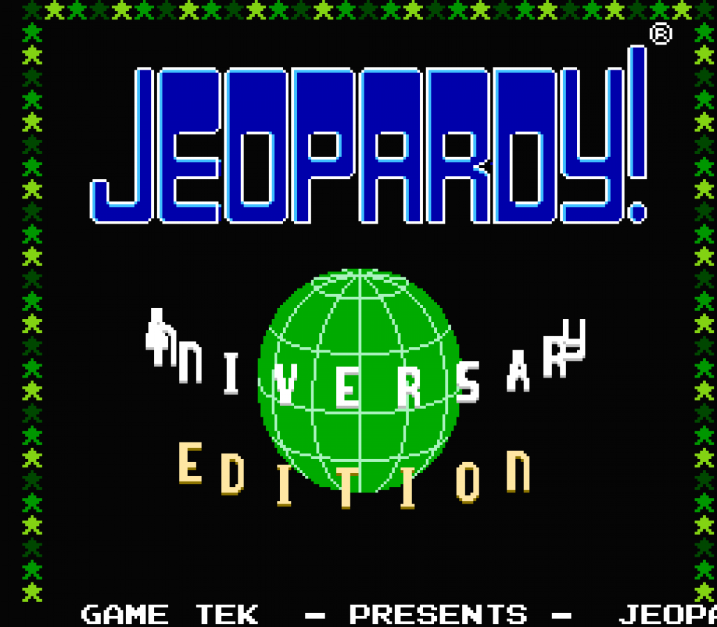 Jeopardy 25th Anniversary Edition retro NES video game Jeopardy trivia game show quiz competition multiplayer knowledge based gameplay classic console title Nintendo Entertainment System release title screen