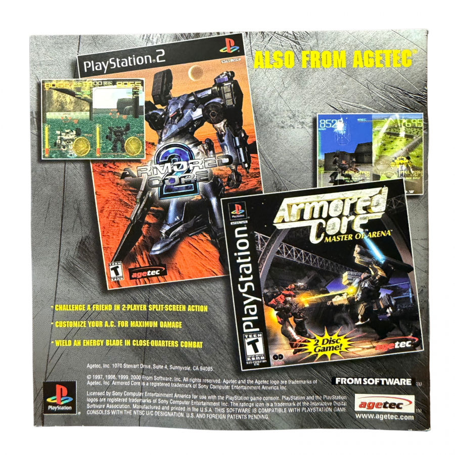 Armored Core PlayStation PS1 for mech action role playing video game fans featuring customizable giant robots intense combat missions futuristic environments weapon upgrades mech building arena battles challenging enemies and classic FromSoftware gameplay collectible retro PlayStation gaming appeal back of manual