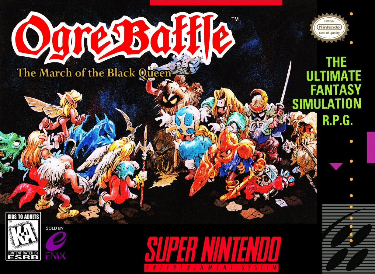Ogre Battle The March of the Black Queen PS1 PlayStation 1 strategy RPG tactical warfare fantasy army management branching story retro video game cover art
