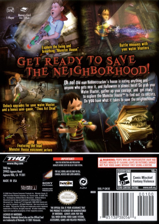 Monster House back cover art for GameCube game featuring spooky action adventure gameplay based on the animated film 