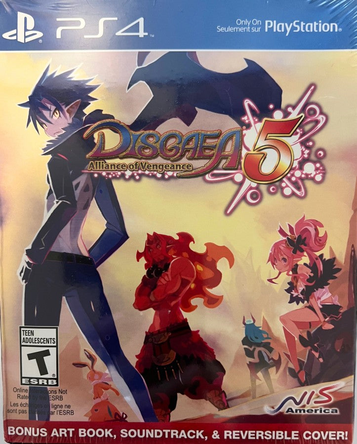 Disgaea 5 Alliance of Vengeance retro PlayStation 4 video game featuring tactical strategy RPG combat, anime style characters, turn based battles and fantasy adventure gameplay - cover