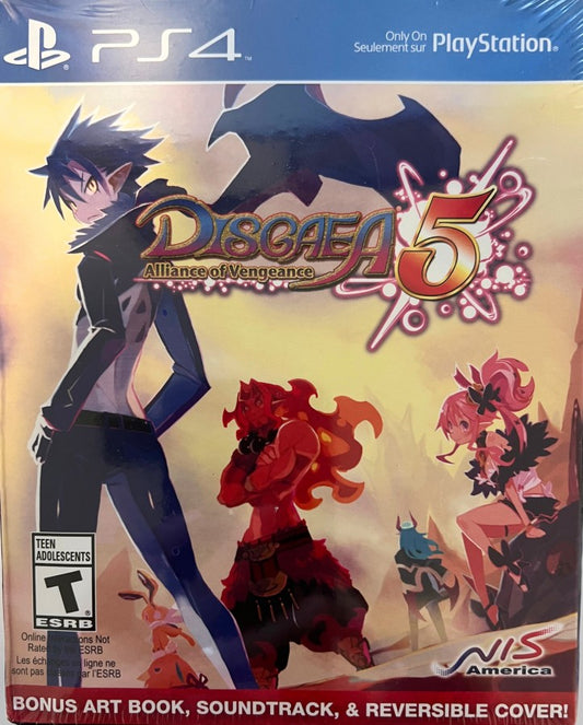 Disgaea 5 Alliance of Vengeance retro PlayStation 4 video game featuring tactical strategy RPG combat, anime style characters, turn based battles and fantasy adventure gameplay - cover