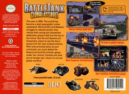 Battletanx: Global Assault Nintendo 64 game featuring tank combat action and strategic battlefield gameplay on N64 back cover