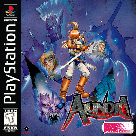 Alundra PS1 PlayStation 1 action RPG puzzle adventure fantasy dungeon crawling story driven gameplay dark themes retro video game cover art