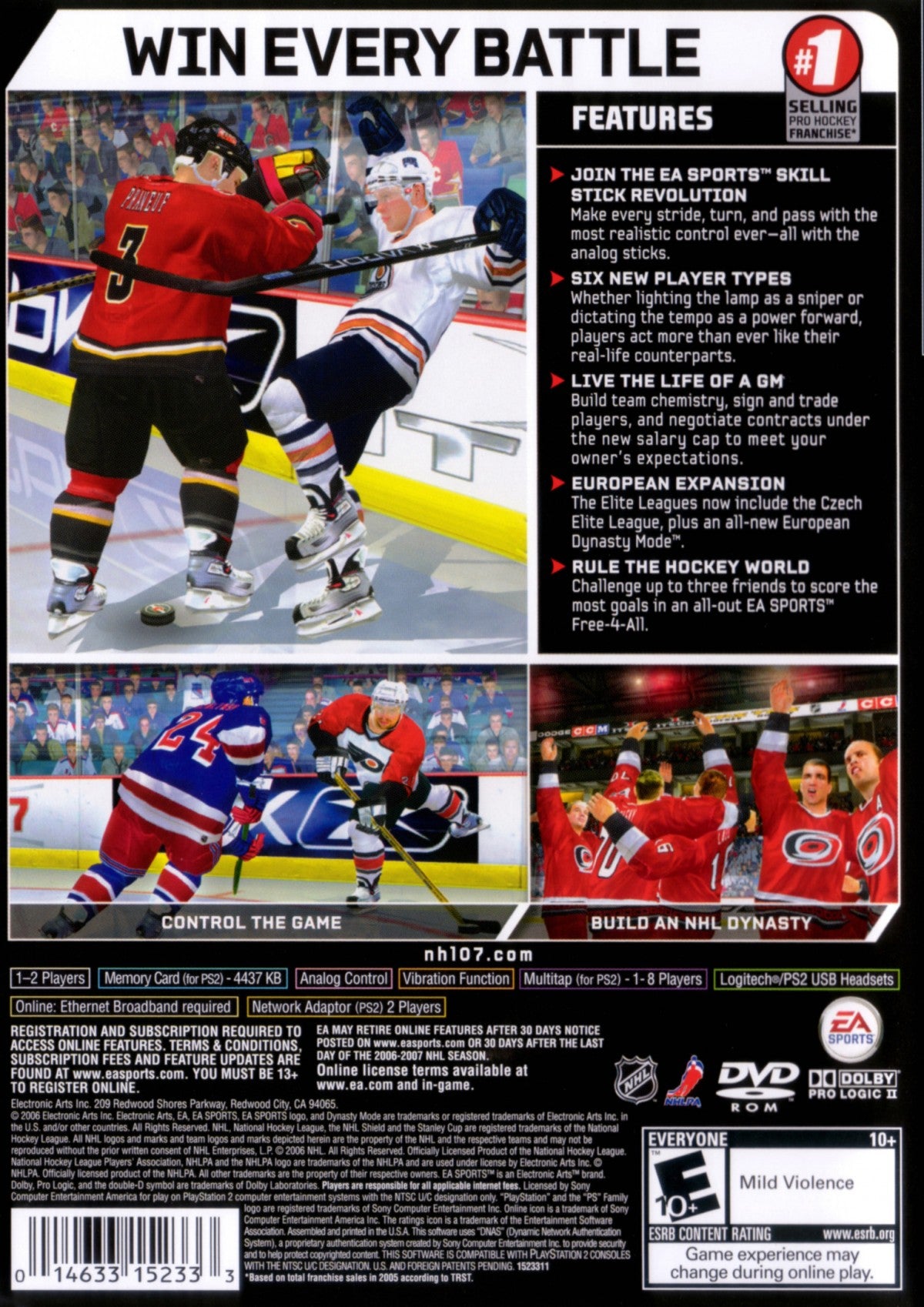 NHL 07 PlayStation 2 hockey sports simulation video game EA Sports franchise mode season play playoffs skill stick controls player attributes team management realistic physics authentic NHL teams and players back cover