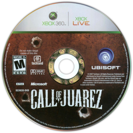 Call of Juarez Xbox 360 game featuring Wild West first person shooter action dual character campaign storyline intense gunfights historical western setting and multiplayer modes by Ubisoft disc
