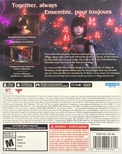 Fatal Frame II Crimson Butterfly Remake PlayStation 5 PS5 for survival horror video game fans featuring supernatural ghost encounters camera based combat eerie Japanese village exploration psychological horror puzzle solving haunting atmosphere twin sisters storyline and immersive cinematic horror gameplay collectible gaming appeal back cover art