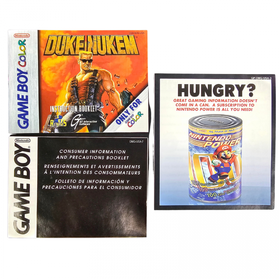 Duke Nukem Game Boy Color GBC video game Complete In Box CIB featuring action platforming gameplay Duke Nukem character enemy battles weapon action alien encounters challenging levels and classic handheld gaming retro video game collection collectible gaming appeal inserts