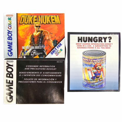 Duke Nukem Game Boy Color GBC video game Complete In Box CIB featuring action platforming gameplay Duke Nukem character enemy battles weapon action alien encounters challenging levels and classic handheld gaming retro video game collection collectible gaming appeal inserts