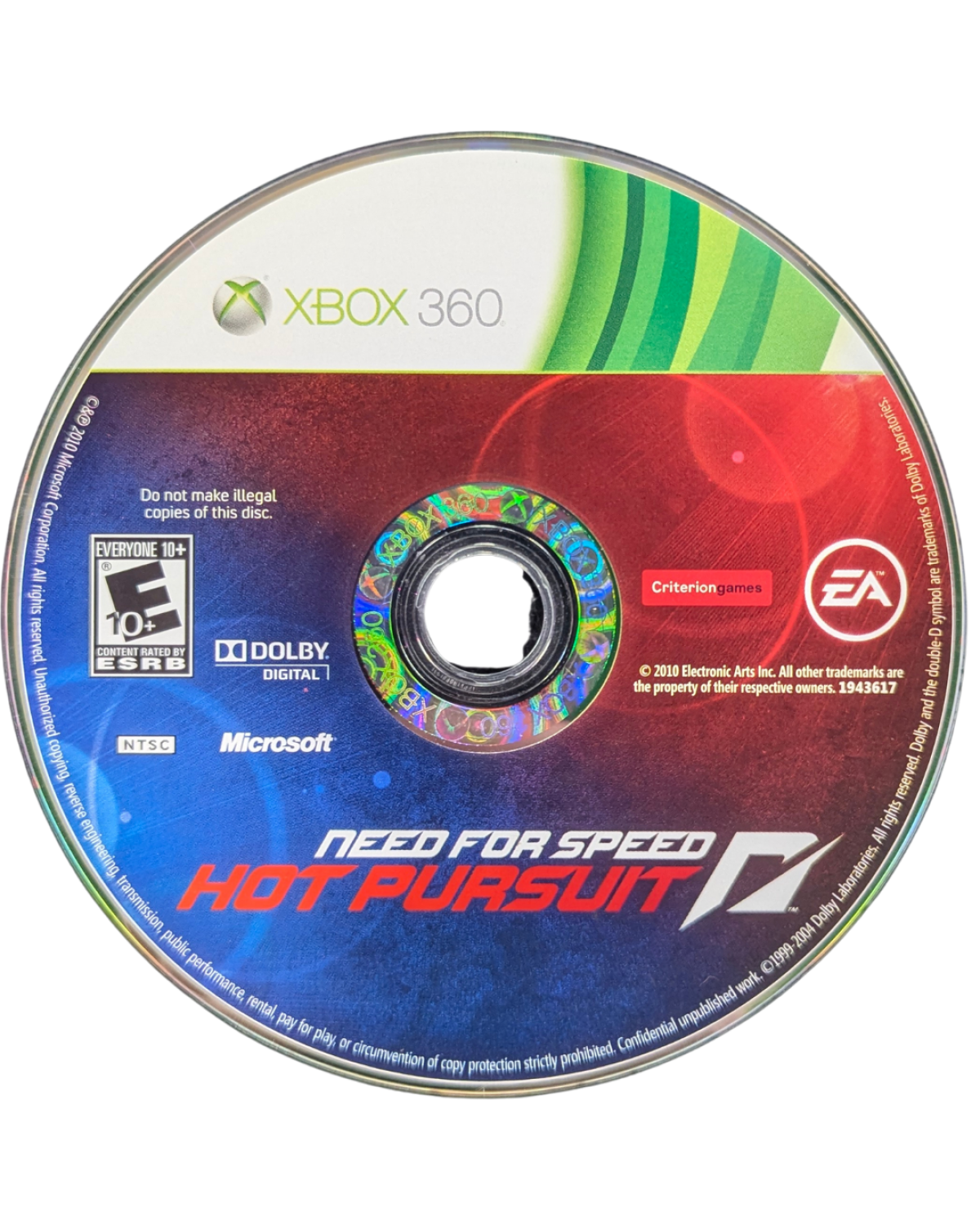 Need for Speed Hot Pursuit Xbox 360 video game, arcade racing action, high-speed police chases, multiplayer and online gameplay, console title disc