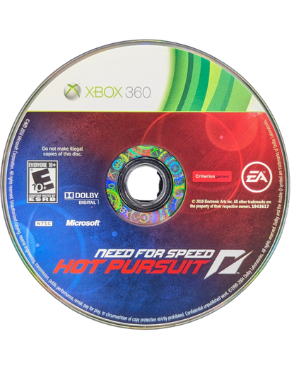 Need for Speed Hot Pursuit Xbox 360 video game, arcade racing action, high-speed police chases, multiplayer and online gameplay, console title disc