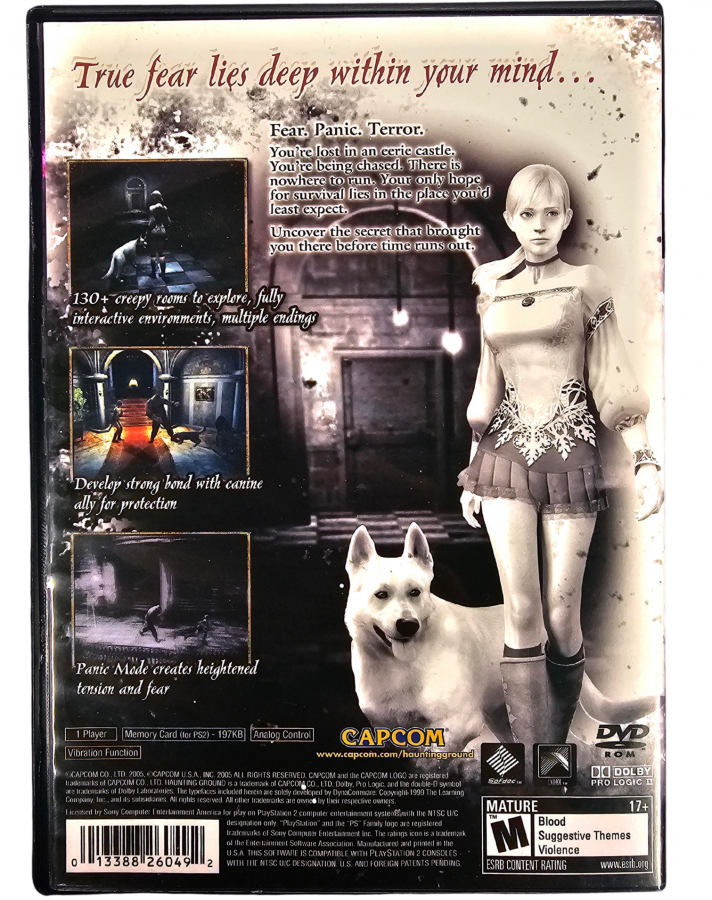 Haunting Ground PlayStation 2 PS2 survival horror video game featuring Fiona Belli exploration of a mysterious castle stealth gameplay puzzle solving terrifying enemies survival mechanics companion dog Hewie atmospheric environments and classic PlayStation 2 PS2 gameplay collectible retro gaming appeal back cover art