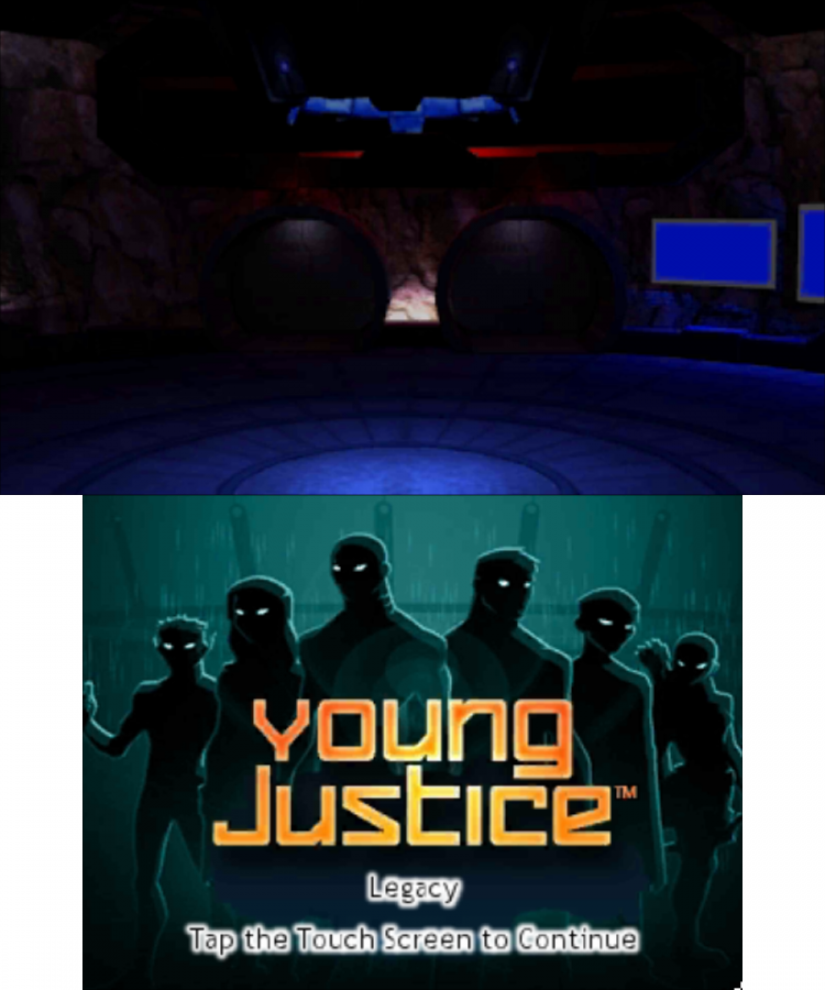 Young Justice: Legacy start screen for Nintendo 3DS (3DS) action role-playing video game
