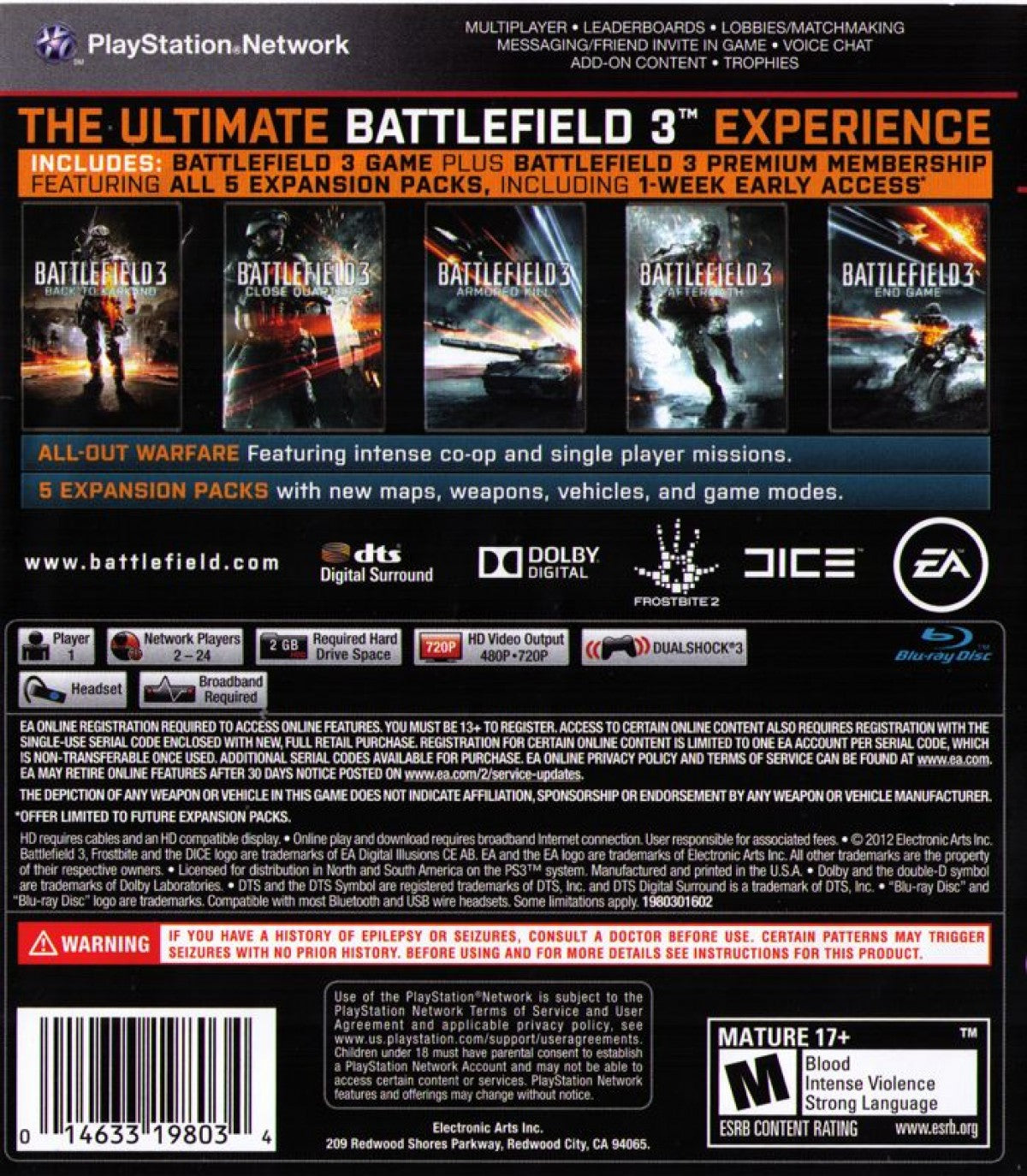 Battlefield 3 [Premium Edition] back cover art for PlayStation 3 (PS3) video game