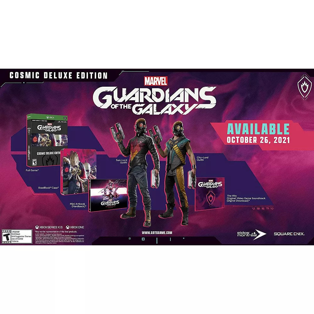 Marvel’s Guardians of the Galaxy Cosmic Deluxe Edition Xbox Series X video game, action adventure, superhero team gameplay, story-driven Marvel title promotional contents graphic