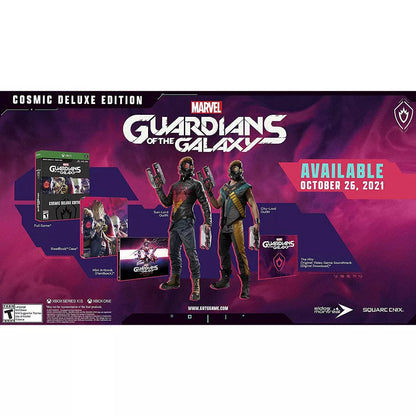 Marvel’s Guardians of the Galaxy Cosmic Deluxe Edition Xbox Series X video game, action adventure, superhero team gameplay, story-driven Marvel title promotional contents graphic
