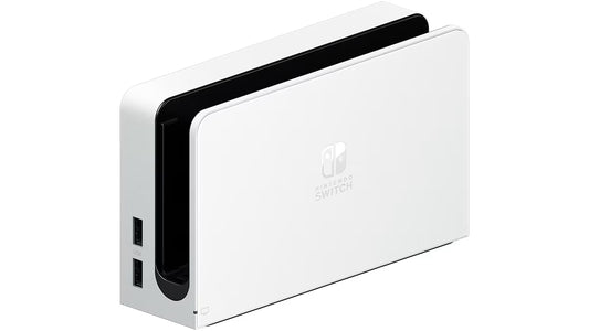Official Nintendo Switch OLED Model dock accessory in White color TV connection HDMI USB ports charging dock standalone replacement original Nintendo accessory front view