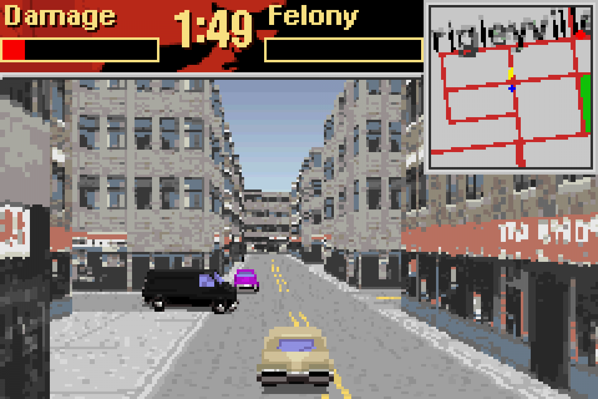 Driver 2 Advance for Game Boy Advance, gameplay for an action driving video game with mission-based gameplay, open city environments, vehicle chases, and crime-themed challenges