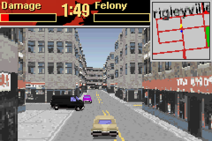 Driver 2 Advance for Game Boy Advance, gameplay for an action driving video game with mission-based gameplay, open city environments, vehicle chases, and crime-themed challenges