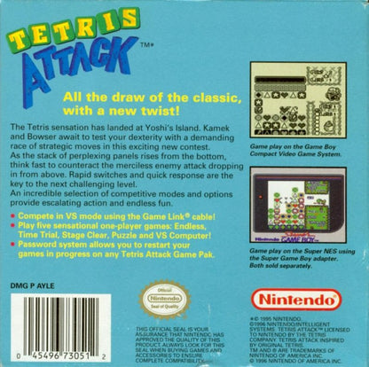 Tetris Attack Nintendo Game Boy GB for puzzle retro video game fans featuring fast paced tile matching strategic gameplay colorful character themes challenging puzzle levels addictive arcade action classic handheld gaming collectible gaming appeal back of case