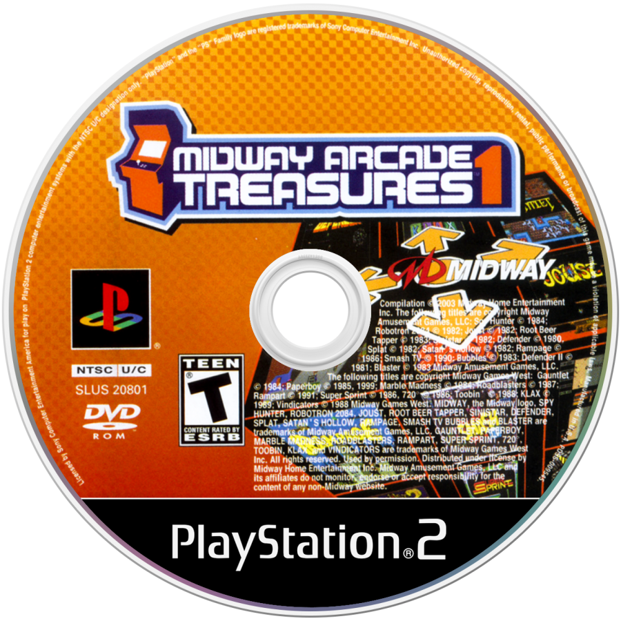 Midway Arcade Treasures disc art for PlayStation 2 (PS2) featuring a compilation of over 20 classic arcade games including Defender, Joust, and Spy Hunter.