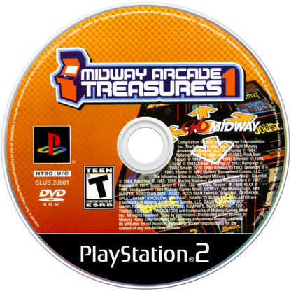 Midway Arcade Treasures disc art for PlayStation 2 (PS2) featuring a compilation of over 20 classic arcade games including Defender, Joust, and Spy Hunter.