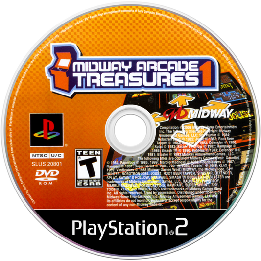 Midway Arcade Treasures disc art for PlayStation 2 (PS2) featuring a compilation of over 20 classic arcade games including Defender, Joust, and Spy Hunter.