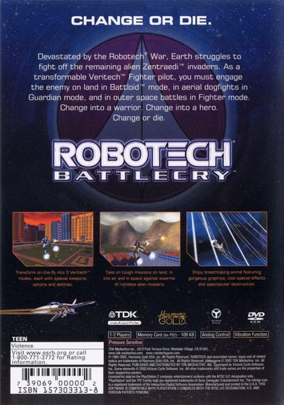 Robotech: Battlecry – PlayStation 2 (PS2) video game back of case, third-person mecha action game.