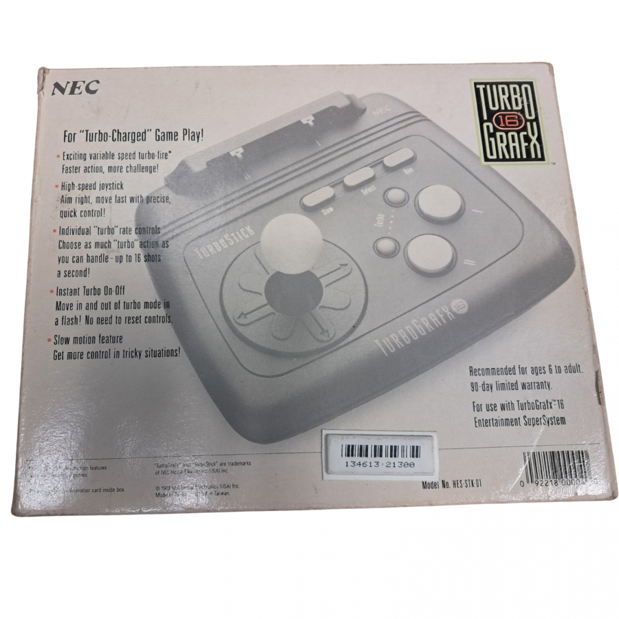 Turbo Stick Complete in Box TurboGrafx TG for retro video game enthusiasts featuring official gaming controller hardware arcade style joystick design responsive directional controls authentic TurboGrafx compatibility vintage gaming accessory functionality complete in box collector presentation and collectible gaming appeal box back 