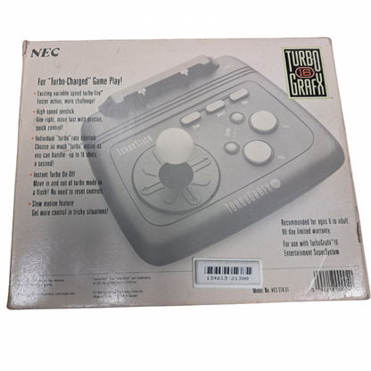 Turbo Stick Complete in Box TurboGrafx TG for retro video game enthusiasts featuring official gaming controller hardware arcade style joystick design responsive directional controls authentic TurboGrafx compatibility vintage gaming accessory functionality complete in box collector presentation and collectible gaming appeal box back 