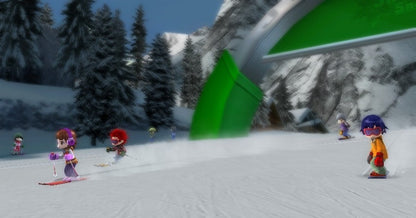 We Ski & Snowboard gameplay for Nintendo Wii (Wii) featuring motion‑controlled skiing and snowboarding on expansive mountain slopes, customizable characters, and family‑friendly freestyle and race events.