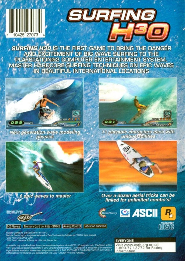 Surfing H30 – PlayStation 2 (PS2) video game back of case, extreme sports surfing.