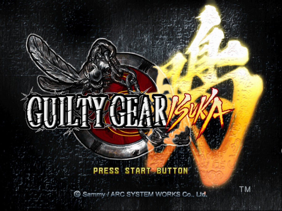 Guilty Gear Isuka PlayStation 2 PS2 for retro video game enthusiasts featuring 2D anime fighting gameplay fast paced combo based combat multiple character battles tag style mechanics unique lane switching system arcade style competitive matches and collectible gaming appeal start screen